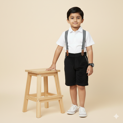 Boys Dapper White Shirt with Black Shorts sets with Suspenders