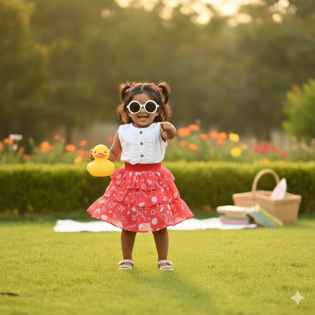 Girls White Ruffle Top with with Festive Red Printed Skirt