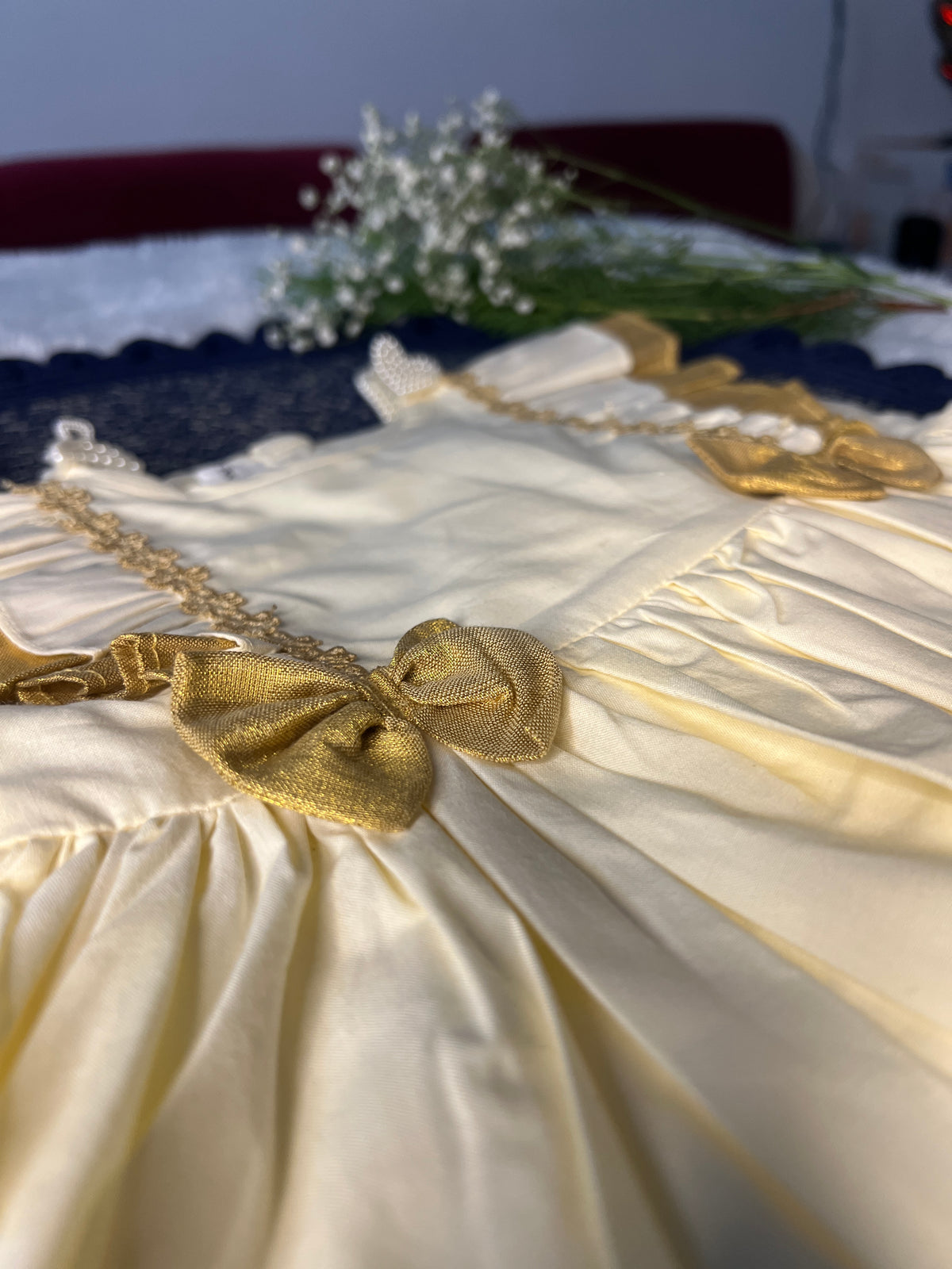 Close-up of a decorative bow on a white curtain with a blurred background