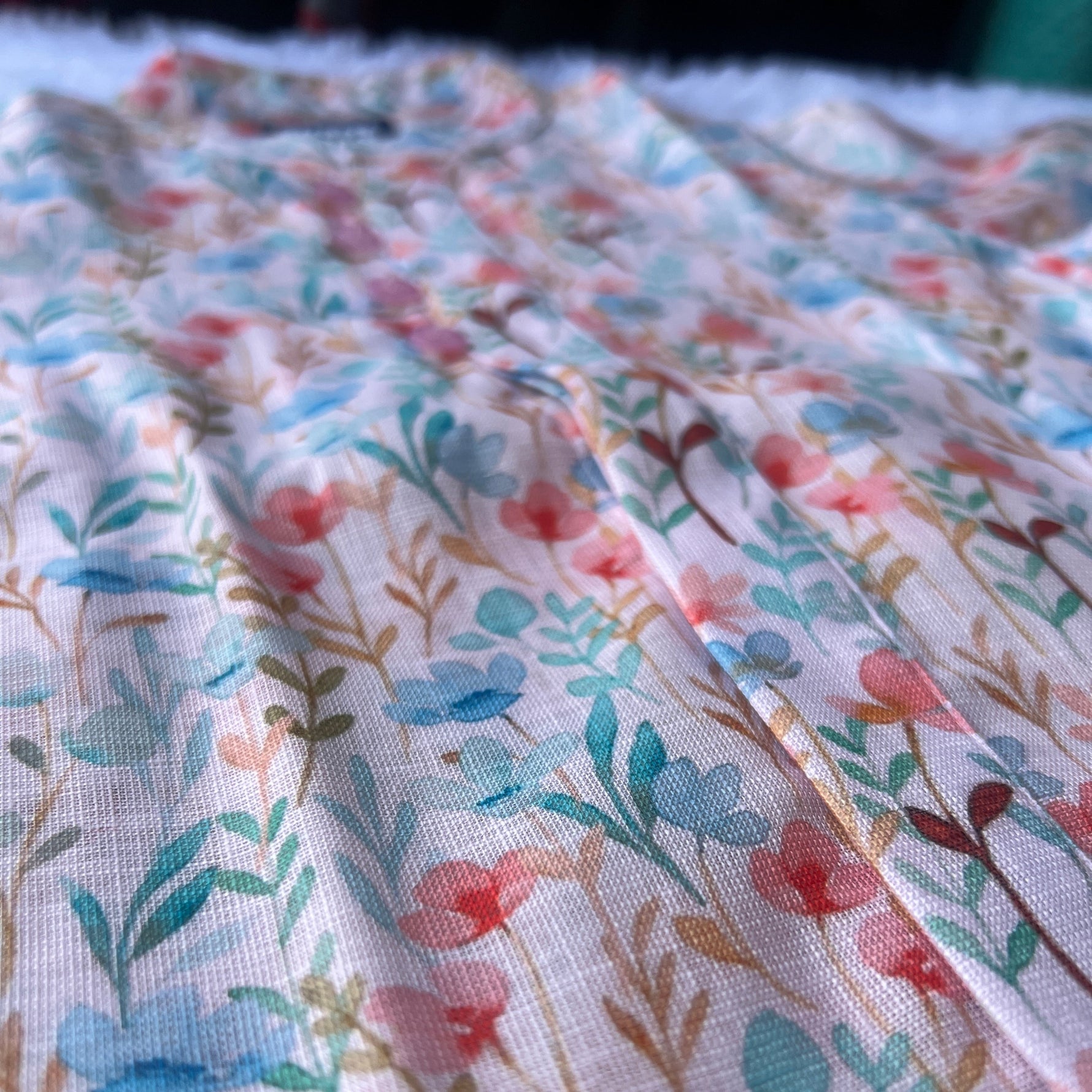 Close-up of floral fabric with colorful flowers on a white background