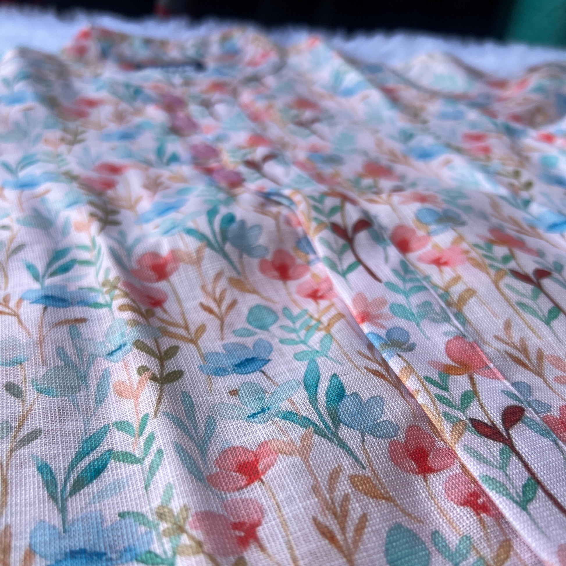 Close-up of floral fabric with colorful flowers on a white background