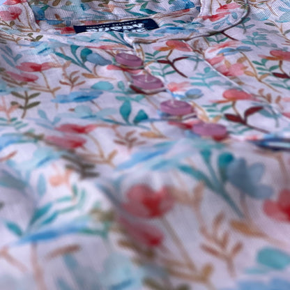 Close-up of a floral-patterned shirt with a blurred background