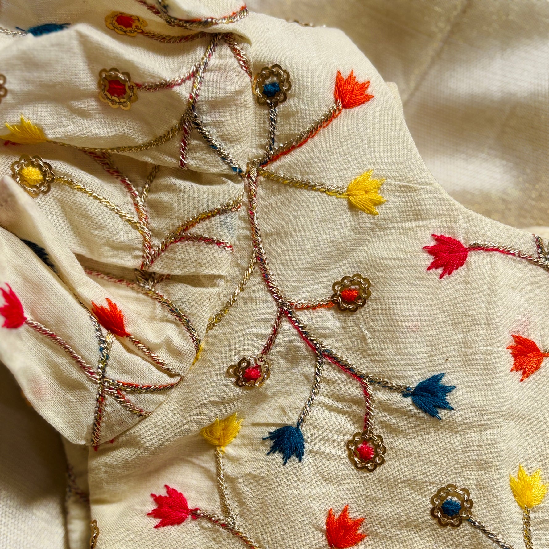 Close-up of embroidered fabric with colorful floral patterns on a beige background
