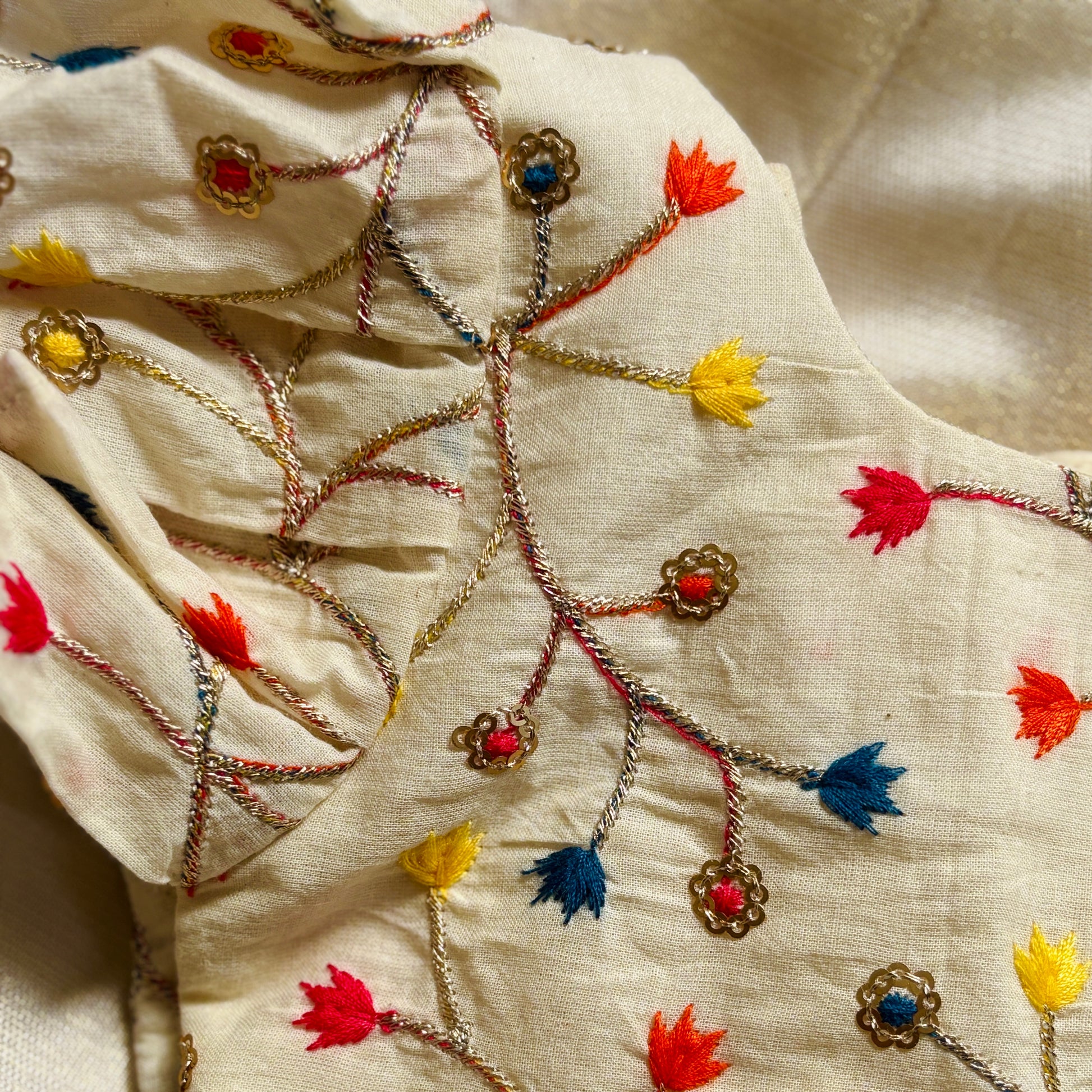 Close-up of embroidered fabric with colorful floral patterns on a beige background