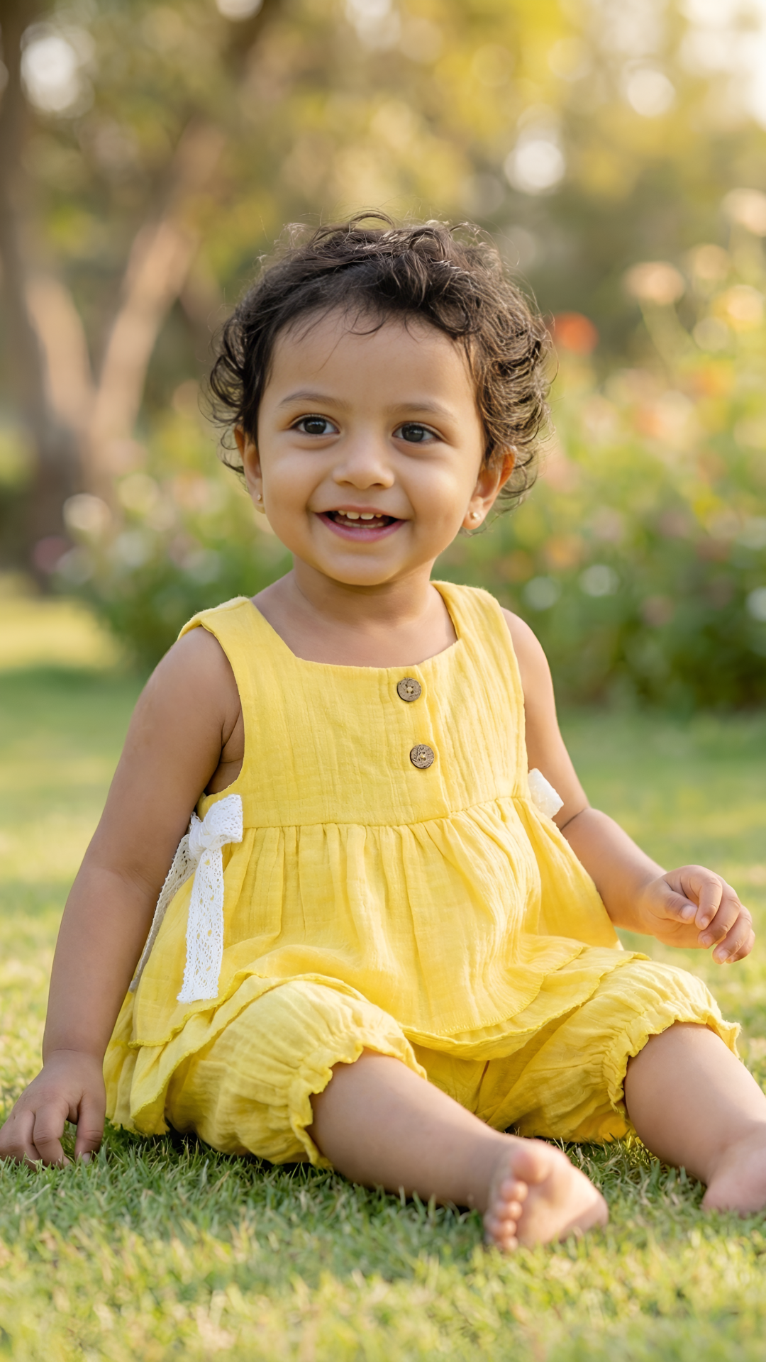 Yellow Muslin Ruffle Top & Bloomer Set with Lace Detail