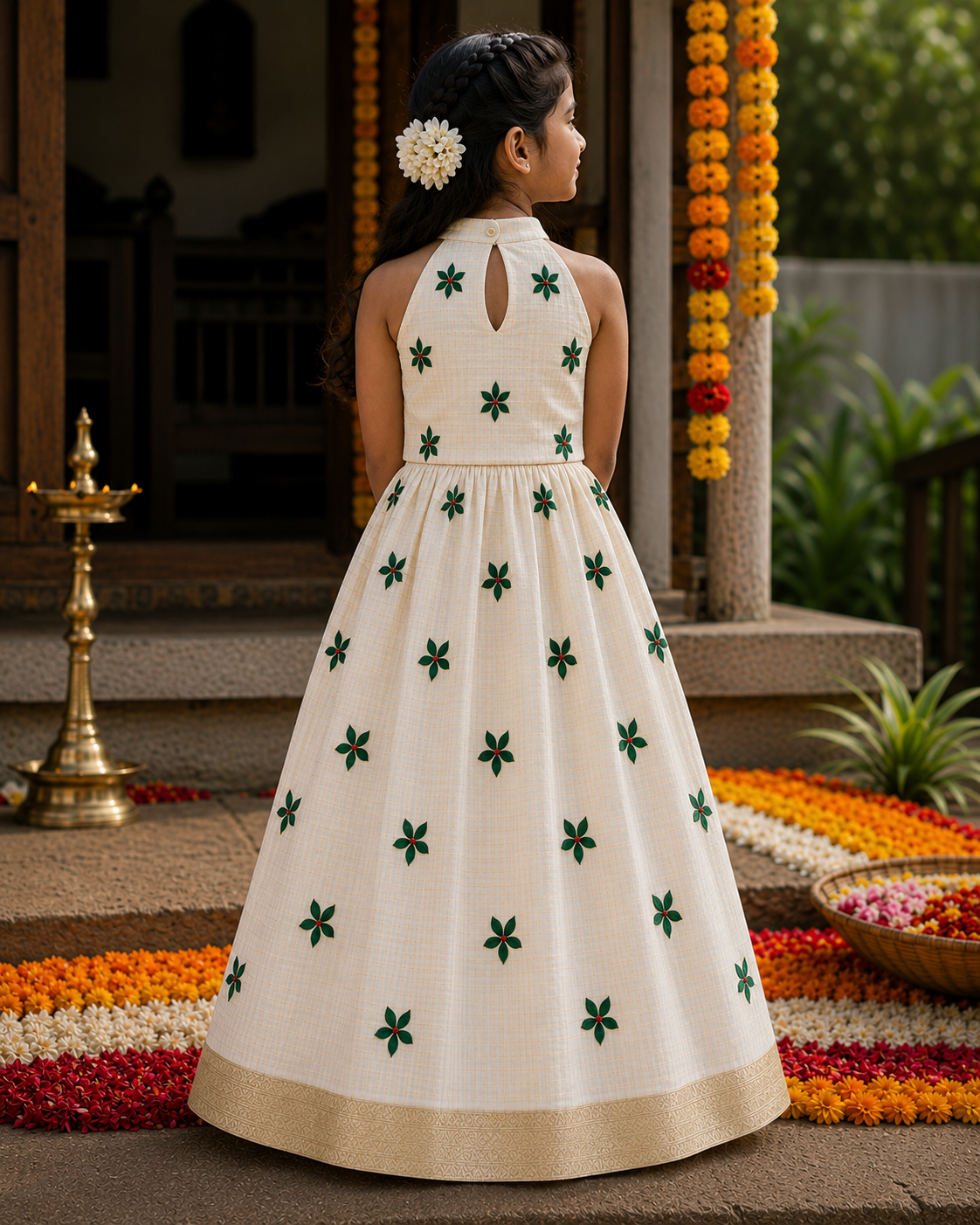 Kinclub Originals - Off-White & Green Floral Organza Festive Set