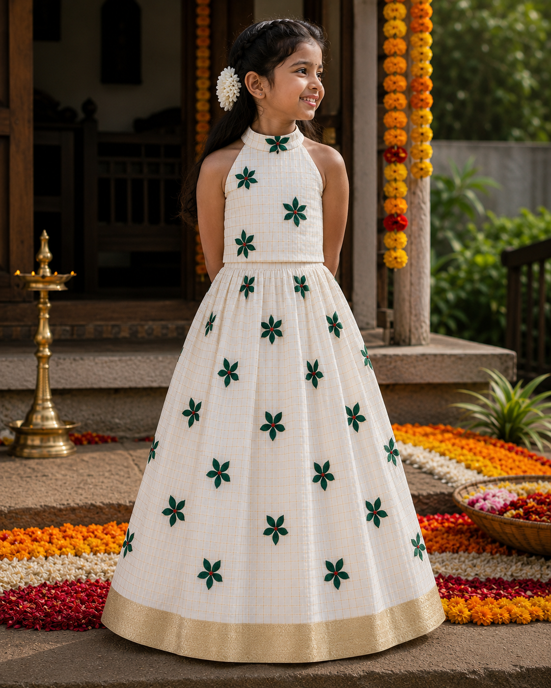 Kinclub Originals - Off-White & Green Floral Organza Festive Set