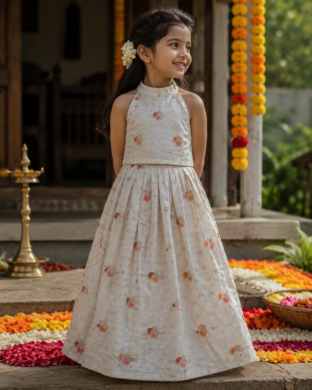 Kinclub Originals - Elegant Ivory Embroidered Halter Dress