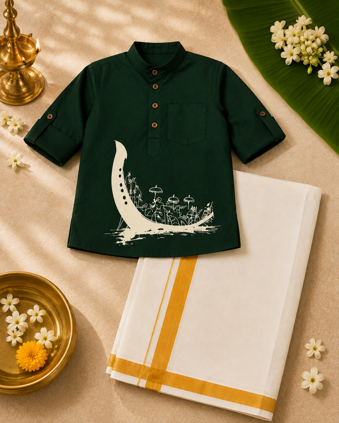 Green Ethnic Kurta With Elegant Vallamkali Print