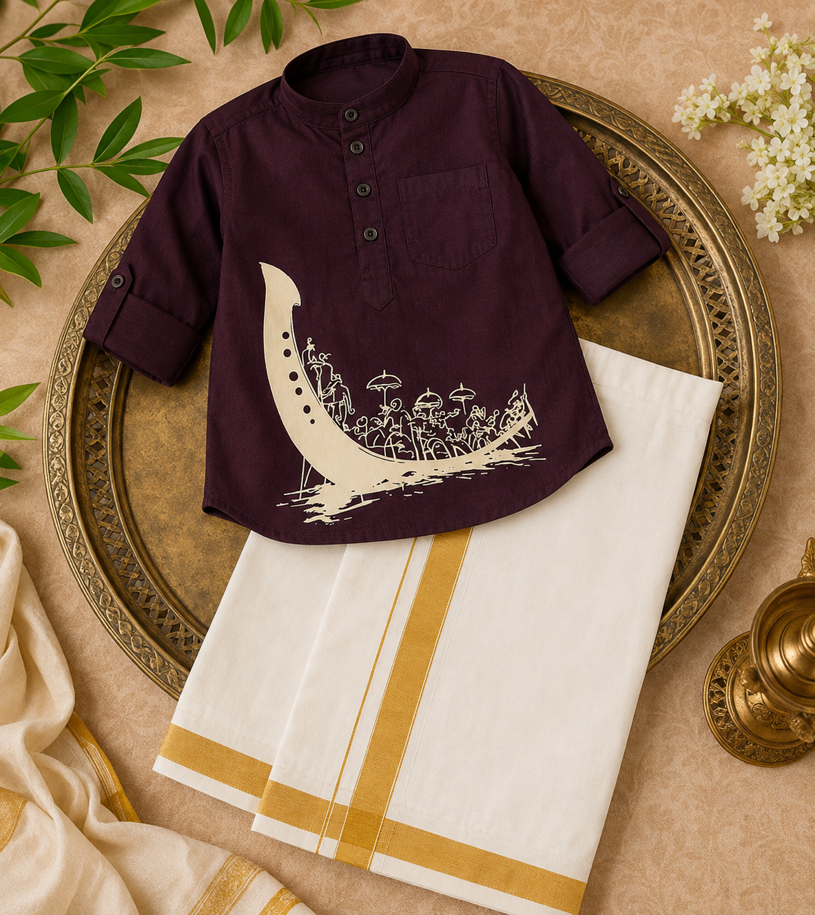 Maroon Ethnic Kurta with elegant Vallamkali - print