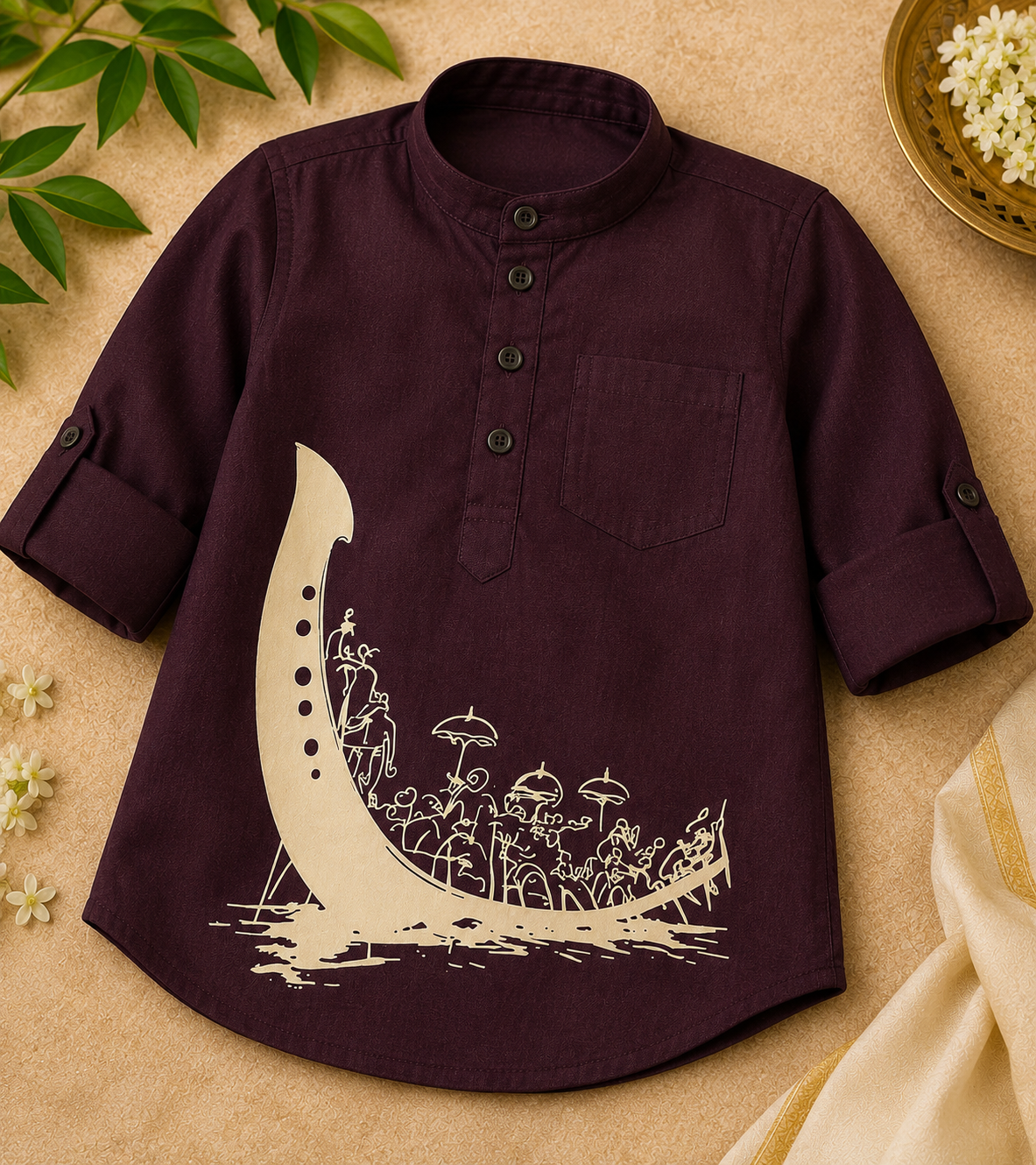 Maroon Ethnic Kurta with elegant Vallamkali - print
